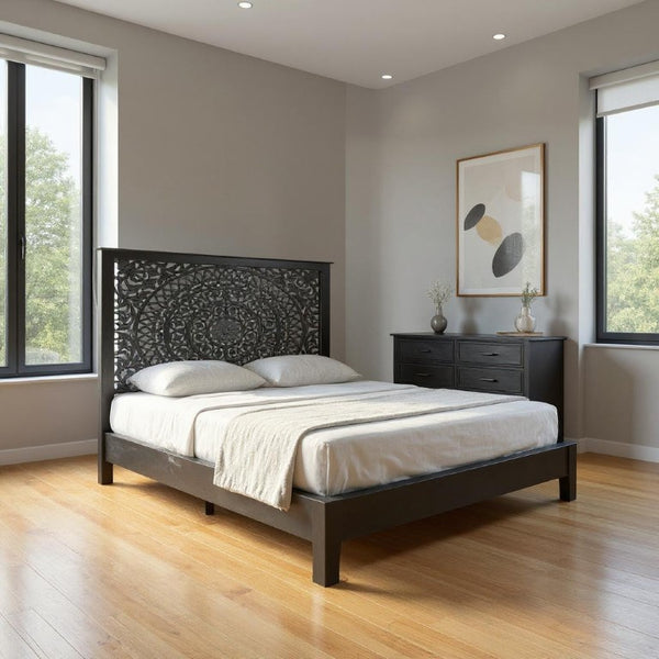 Three Piece Solid Wood Bedroom Furniture Set in Bold Sleek Black Finish