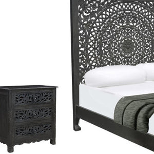 Three Piece Solid Wood Bedroom Furniture Set in Bold Sleek Black Finish