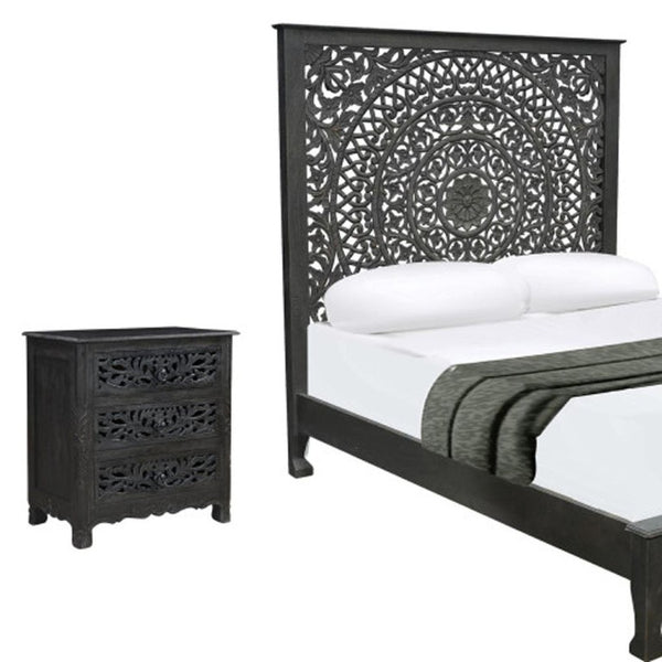 Three Piece Solid Wood Bedroom Furniture Set in Bold Sleek Black Finish