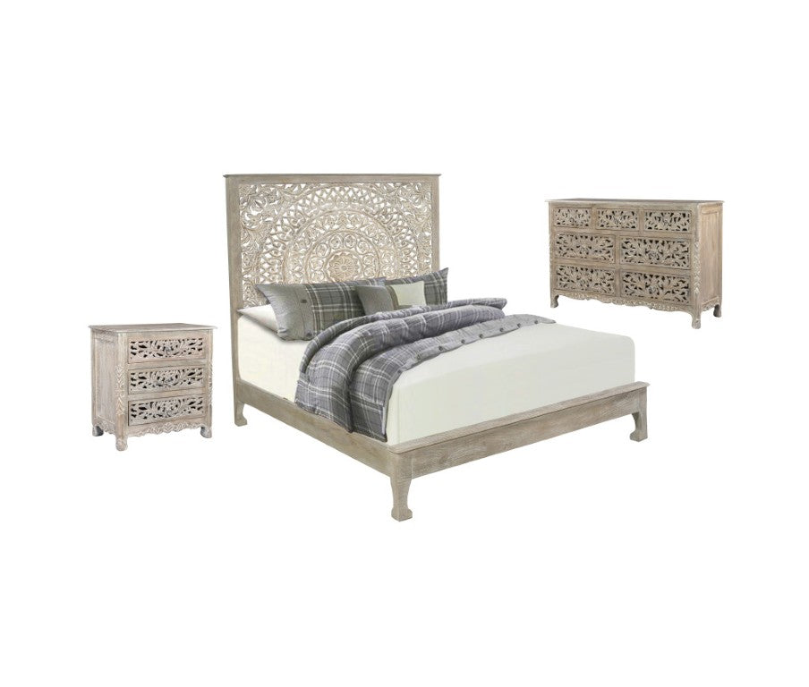 HomeRoots Three Piece Solid Wood Bedroom Furniture Set for a Stylish Gray Master Suite 643651