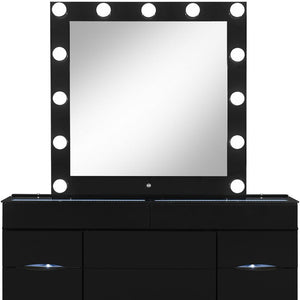 HomeRoots 62" Black Wood and Glass Vanity Table Set with LED Mirror, 6 Organized Drawers, and Hidden Stool Storage 643652