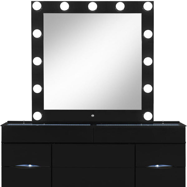 HomeRoots 62" Black Wood and Glass Vanity Table Set with LED Mirror, 6 Organized Drawers, and Hidden Stool Storage 643652