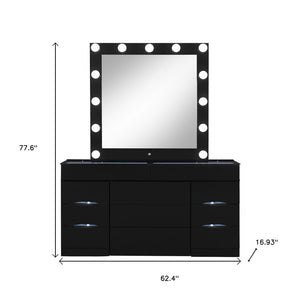 HomeRoots 62" Black Wood and Glass Vanity Table Set with LED Mirror, 6 Organized Drawers, and Hidden Stool Storage 643652