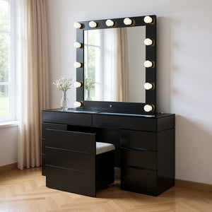 HomeRoots 62" Black Wood and Glass Vanity Table Set with LED Mirror, 6 Organized Drawers, and Hidden Stool Storage 643652
