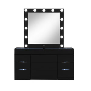 HomeRoots 62" Black Wood and Glass Vanity Table Set with LED Mirror, 6 Organized Drawers, and Hidden Stool Storage 643652