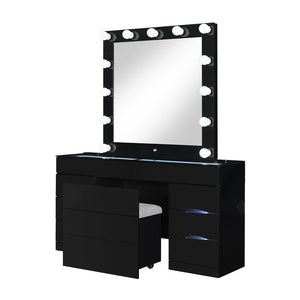 HomeRoots 62" Black Wood and Glass Vanity Table Set with LED Mirror, 6 Organized Drawers, and Hidden Stool Storage 643652