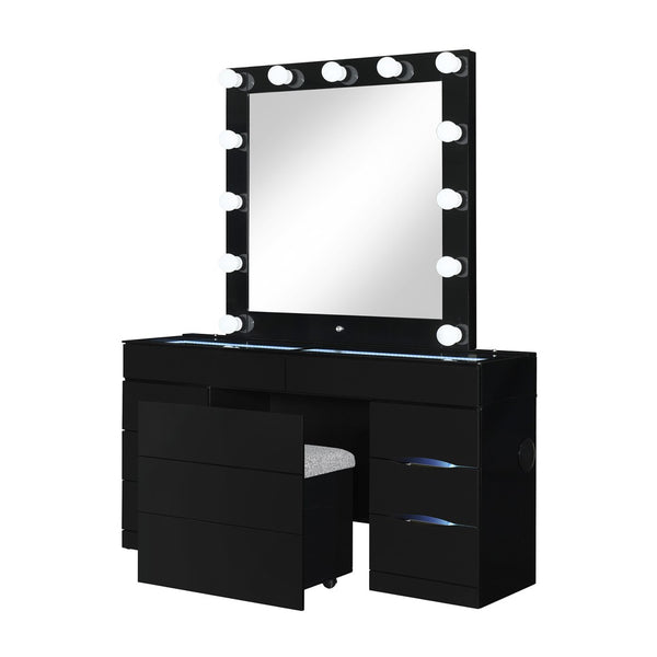 HomeRoots 62" Black Wood and Glass Vanity Table Set with LED Mirror, 6 Organized Drawers, and Hidden Stool Storage 643652