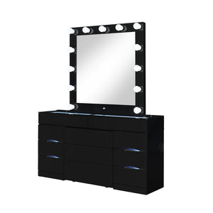 HomeRoots 62" Black Wood and Glass Vanity Table Set with LED Mirror, 6 Organized Drawers, and Hidden Stool Storage 643652