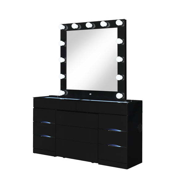 HomeRoots 62" Black Wood and Glass Vanity Table Set with LED Mirror, 6 Organized Drawers, and Hidden Stool Storage 643652