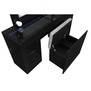 HomeRoots 62" Black Wood and Glass Vanity Table Set with LED Mirror, 6 Organized Drawers, and Hidden Stool Storage 643652