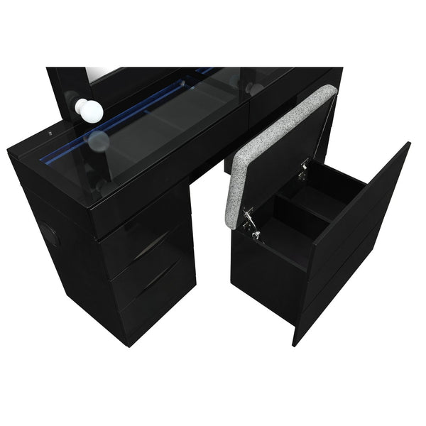 HomeRoots 62" Black Wood and Glass Vanity Table Set with LED Mirror, 6 Organized Drawers, and Hidden Stool Storage 643652