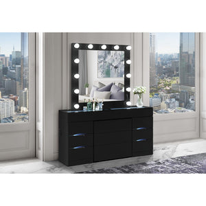 HomeRoots 62" Black Wood and Glass Vanity Table Set with LED Mirror, 6 Organized Drawers, and Hidden Stool Storage 643652