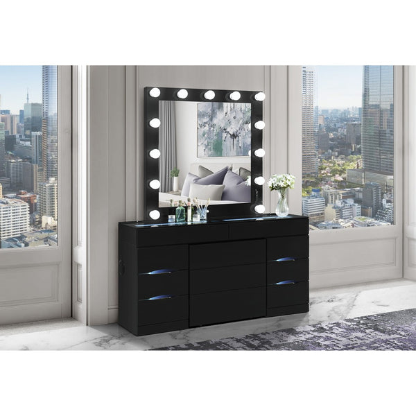 HomeRoots 62" Black Wood and Glass Vanity Table Set with LED Mirror, 6 Organized Drawers, and Hidden Stool Storage 643652
