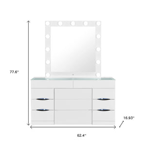 HomeRoots 62" Chic White Wood and Glass Vanity Table with LED Mirror, Six Drawers, and Storage Stool 643653