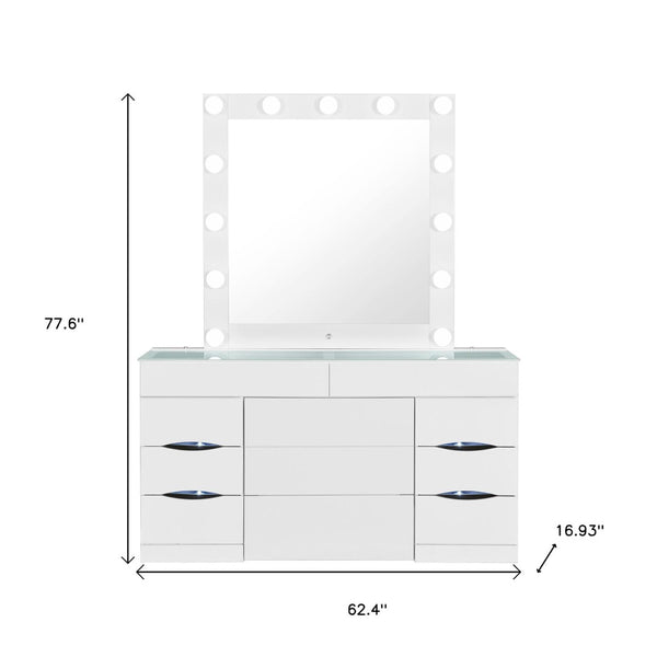 HomeRoots 62" Chic White Wood and Glass Vanity Table with LED Mirror, Six Drawers, and Storage Stool 643653