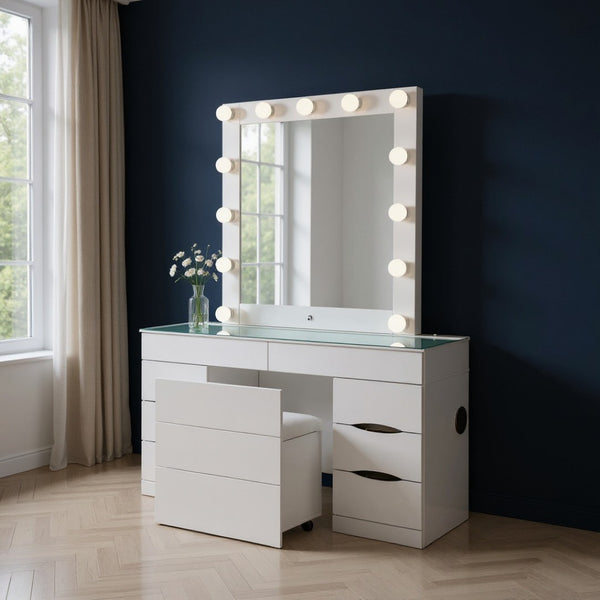 HomeRoots 62" Chic White Wood and Glass Vanity Table with LED Mirror, Six Drawers, and Storage Stool 643653