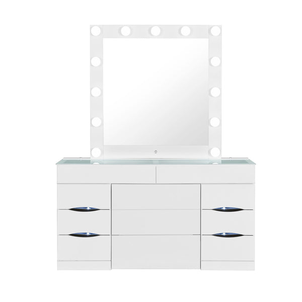 HomeRoots 62" Chic White Wood and Glass Vanity Table with LED Mirror, Six Drawers, and Storage Stool 643653