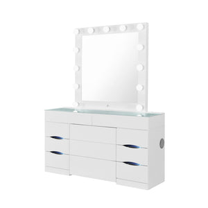 HomeRoots 62" Chic White Wood and Glass Vanity Table with LED Mirror, Six Drawers, and Storage Stool 643653