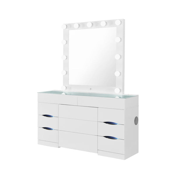 HomeRoots 62" Chic White Wood and Glass Vanity Table with LED Mirror, Six Drawers, and Storage Stool 643653