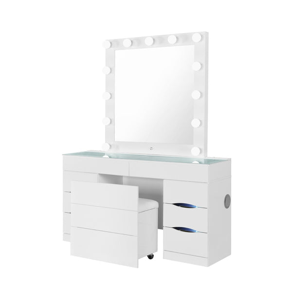 HomeRoots 62" Chic White Wood and Glass Vanity Table with LED Mirror, Six Drawers, and Storage Stool 643653