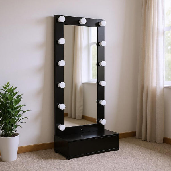 HomeRoots 74" Black Wood Lighted Full-Length Mirror with Adjustable LED & Hidden Drawer for Glamorous Spaces 643654