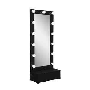 HomeRoots 74" Black Wood Lighted Full-Length Mirror with Adjustable LED & Hidden Drawer for Glamorous Spaces 643654