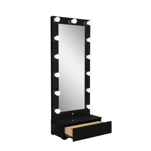 HomeRoots 74" Black Wood Lighted Full-Length Mirror with Adjustable LED & Hidden Drawer for Glamorous Spaces 643654