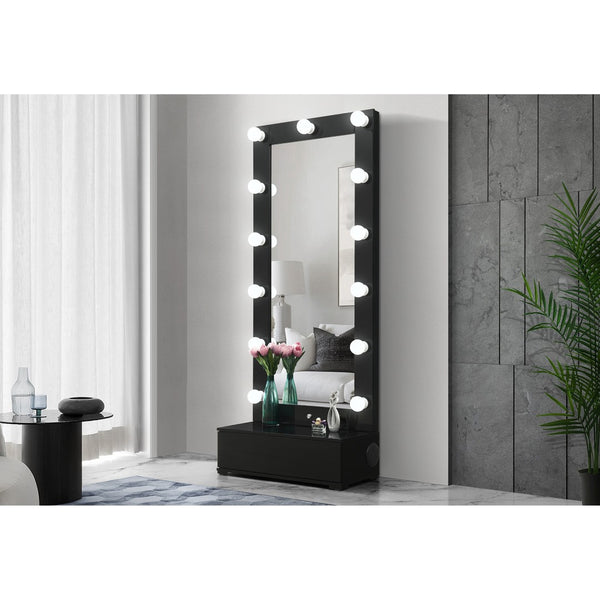 HomeRoots 74" Black Wood Lighted Full-Length Mirror with Adjustable LED & Hidden Drawer for Glamorous Spaces 643654