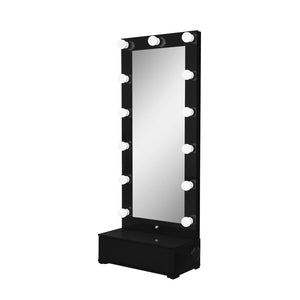 HomeRoots 74" Black Wood Lighted Full-Length Mirror with Adjustable LED & Hidden Drawer for Glamorous Spaces 643654