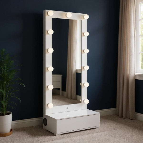 HomeRoots 74" White Wood Lighted Freestanding Mirror with Storage, LED Illumination, and Chic Glam Design 643655