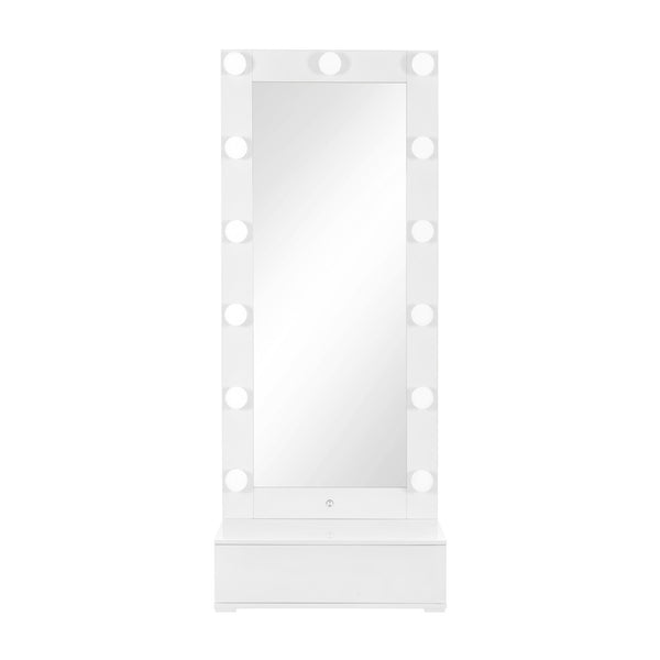 HomeRoots 74" White Wood Lighted Freestanding Mirror with Storage, LED Illumination, and Chic Glam Design 643655