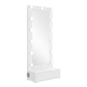HomeRoots 74" White Wood Lighted Freestanding Mirror with Storage, LED Illumination, and Chic Glam Design 643655