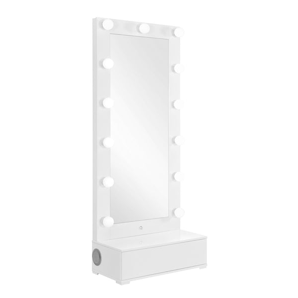 HomeRoots 74" White Wood Lighted Freestanding Mirror with Storage, LED Illumination, and Chic Glam Design 643655