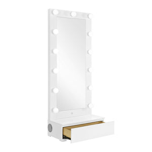 HomeRoots 74" White Wood Lighted Freestanding Mirror with Storage, LED Illumination, and Chic Glam Design 643655