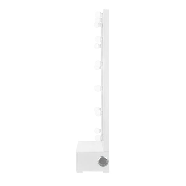 HomeRoots 74" White Wood Lighted Freestanding Mirror with Storage, LED Illumination, and Chic Glam Design 643655