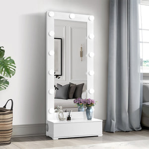 HomeRoots 74" White Wood Lighted Freestanding Mirror with Storage, LED Illumination, and Chic Glam Design 643655