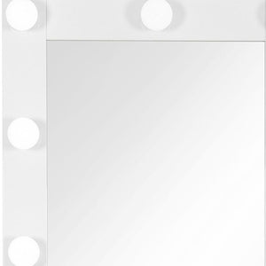 HomeRoots 74" White Wood Lighted Freestanding Mirror with Storage, LED Illumination, and Chic Glam Design 643655