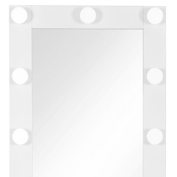 HomeRoots 74" White Wood Lighted Freestanding Mirror with Storage, LED Illumination, and Chic Glam Design 643655