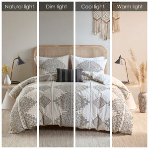 English Elm Full/Queen Boho Printed 4-Piece Duvet Cover Set with Chenille Trim, Geo Print, Throw Pillow Included - OEKO-TEX Certified B035P148371