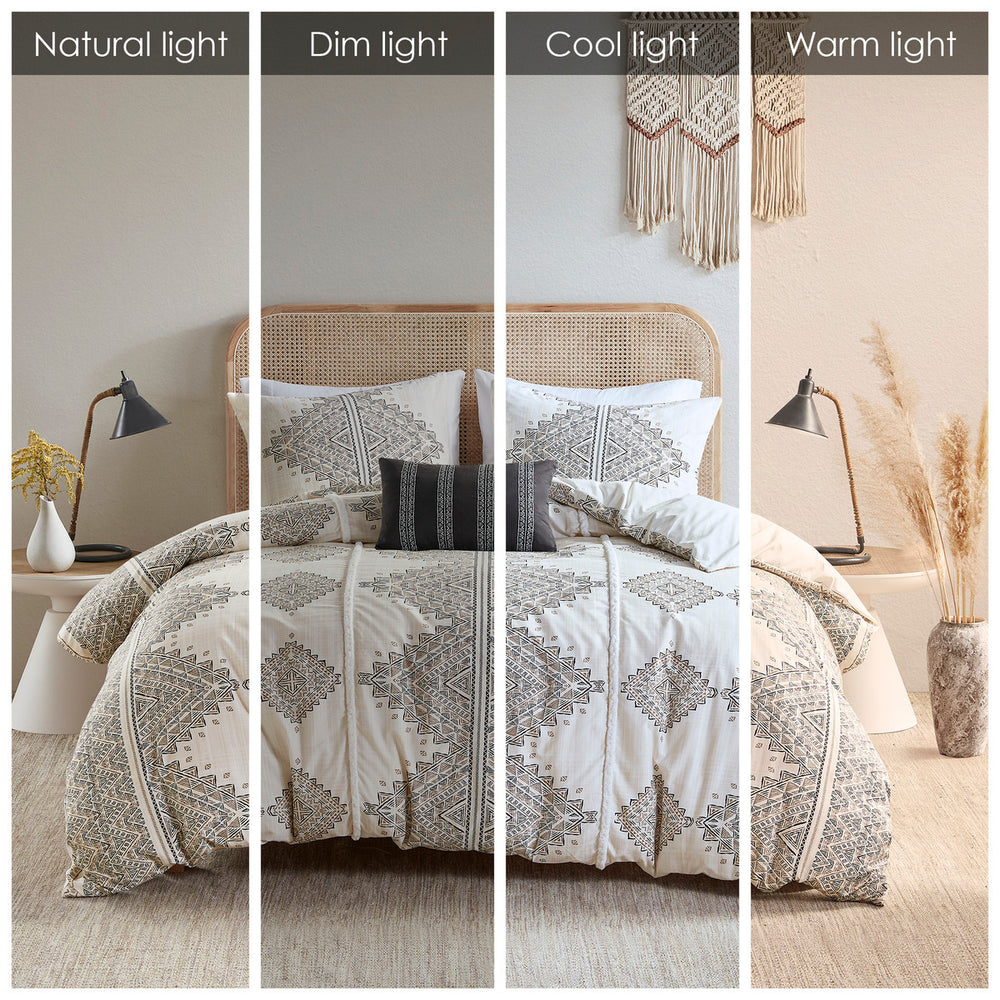 English Elm King/Cal Rustic Geometric 4-Piece Microfiber Duvet Cover Set with Chenille Trim & Throw Pillow, OEKO-TEX Certified B035P148372