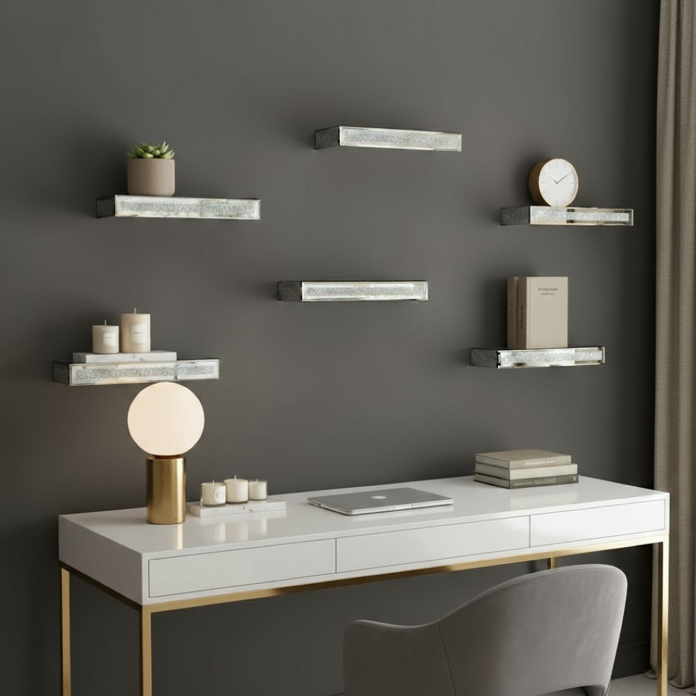 HomeRoots Set of Six Silver Mirrored Floating Shelves with Faux Crystals - Glamorous Wall Display Solution! 643670
