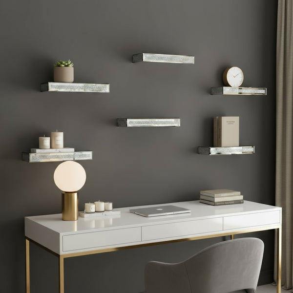HomeRoots Set of Six Silver Mirrored Floating Shelves with Faux Crystals - Glamorous Wall Display Solution! 643670