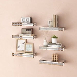 HomeRoots Set of Six Silver Mirrored Floating Shelves with Faux Crystals - Glamorous Wall Display Solution! 643670