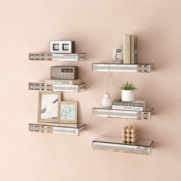 HomeRoots Set of Six Silver Mirrored Floating Shelves with Faux Crystals - Glamorous Wall Display Solution! 643670