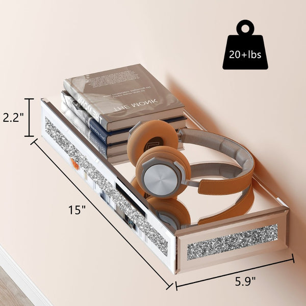 HomeRoots Set of Six Silver Mirrored Floating Shelves with Faux Crystals - Glamorous Wall Display Solution! 643670