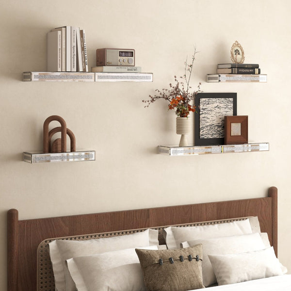 HomeRoots Set of Six Silver Mirrored Floating Shelves with Faux Crystals - Glamorous Wall Display Solution! 643670