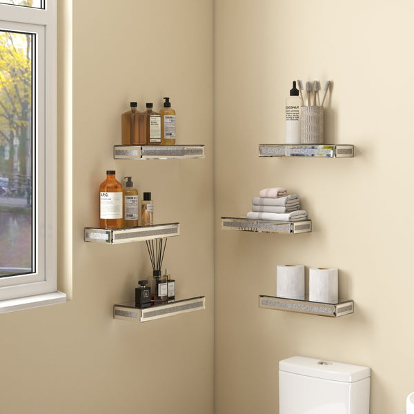 HomeRoots Set of Six Silver Mirrored Floating Shelves with Faux Crystals - Glamorous Wall Display Solution! 643670