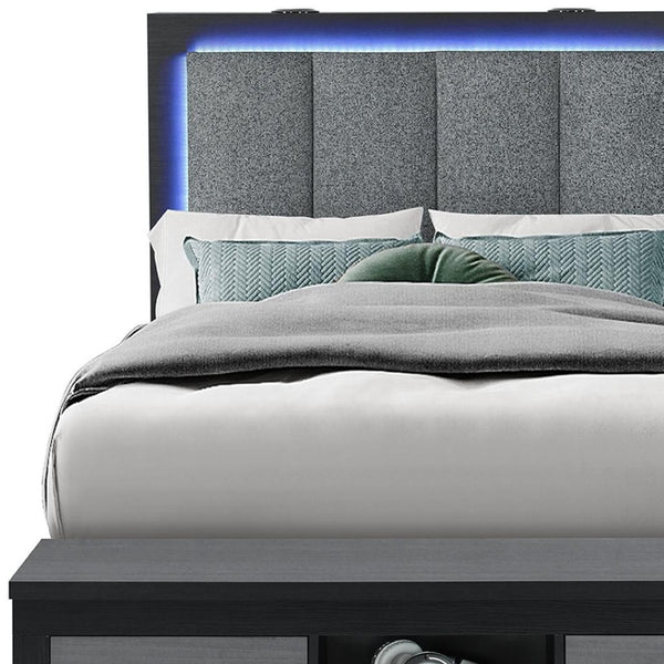 HomeRoots Black Upholstered Full Bed Frame with Lighted Headboard, USB Port, and Storage Drawers for Modern Style 643674