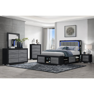 HomeRoots Black Upholstered Full Bed Frame with Lighted Headboard, USB Port, and Storage Drawers for Modern Style 643674