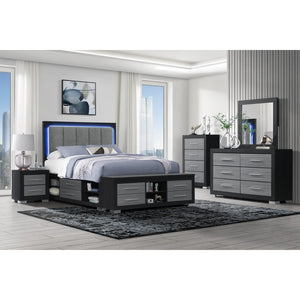 HomeRoots Black Upholstered Full Bed Frame with USB Charging, Integrated Lighting, and Under-Bed Storage Drawers 643677